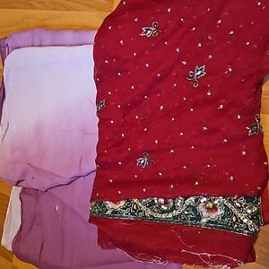 2 Duputtas- red heavy embroidery Duputta and light weight purple. Vintage 90s
